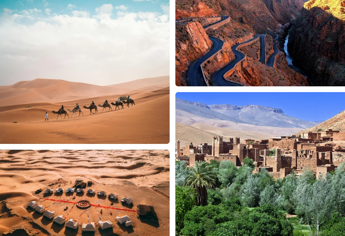 Planifiez votre circuit privé 3 jours Marrakech Merzouga avec Lina Travel : dunes, bivouac, confort et véhicule privé. Voyage exclusif garanti.